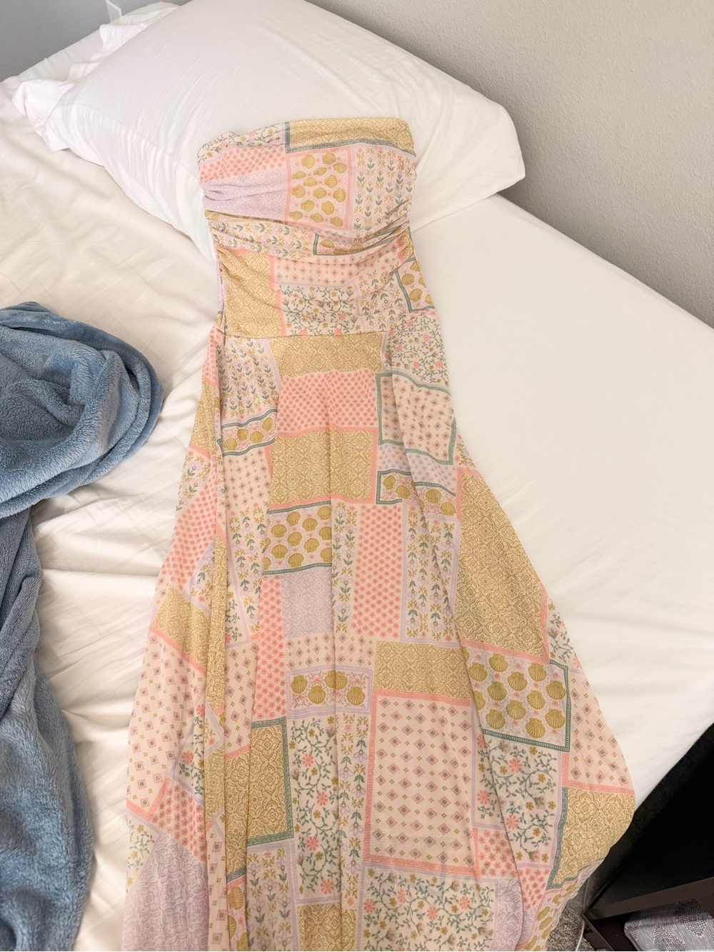 Strapless Patchwork Maxi Dress in Pastel Pink and Cream. Coastal Dress